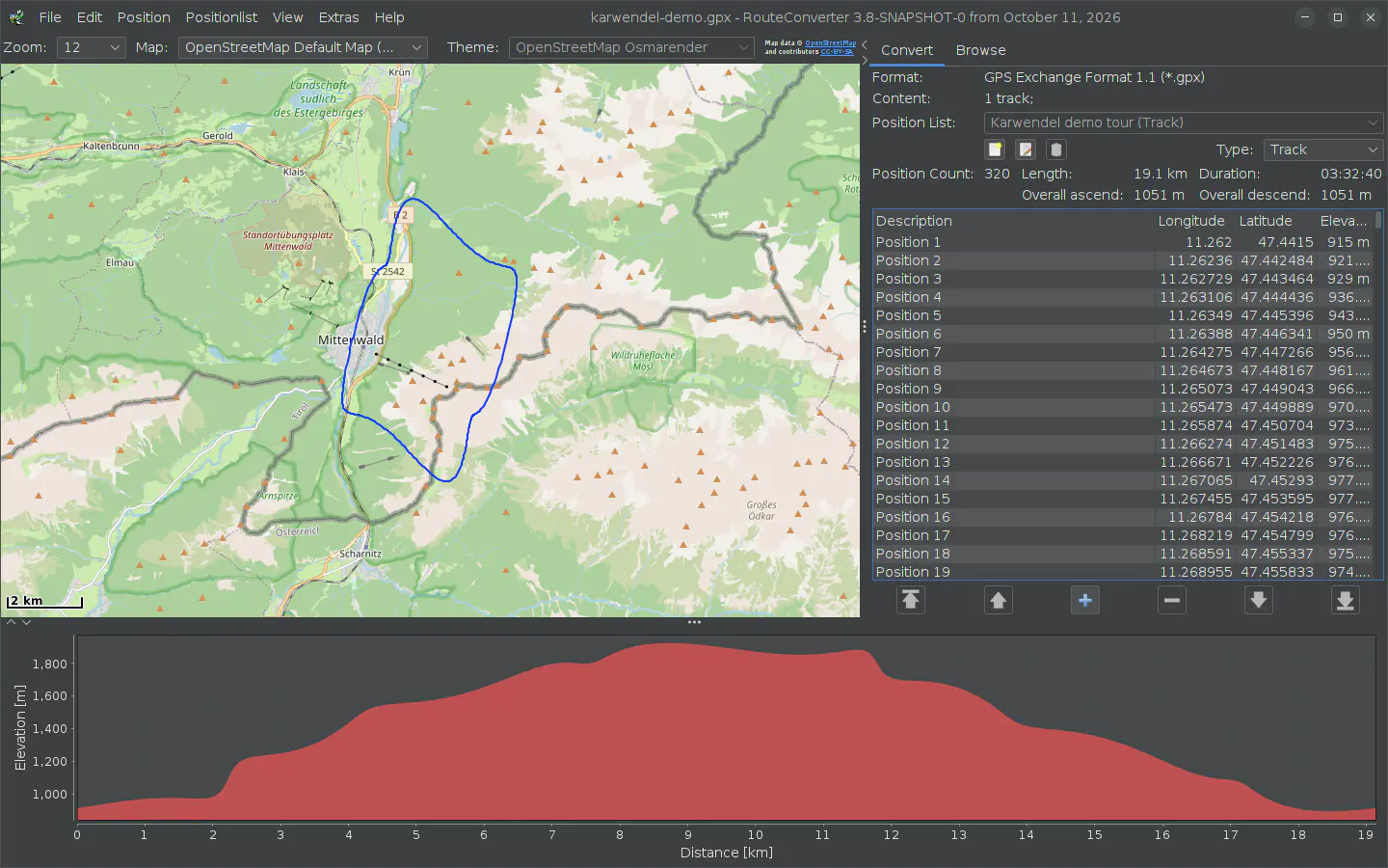 RouteConverter op Linux met een demotocht bij Mittenwald, de positielijst en het hoogteprofiel