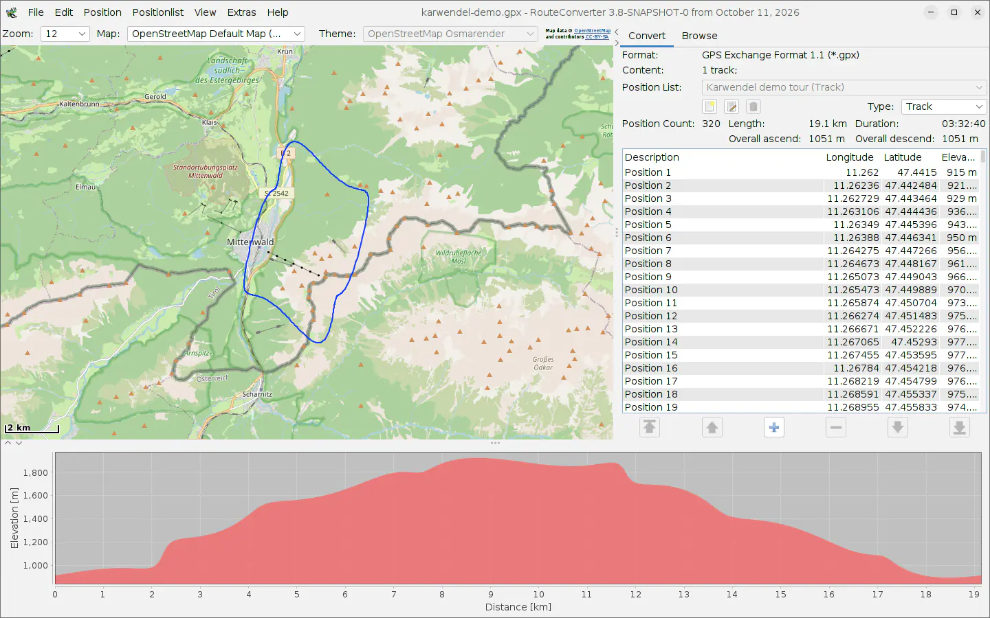 RouteConverter op Linux met een demotocht bij Mittenwald, de positielijst en het hoogteprofiel