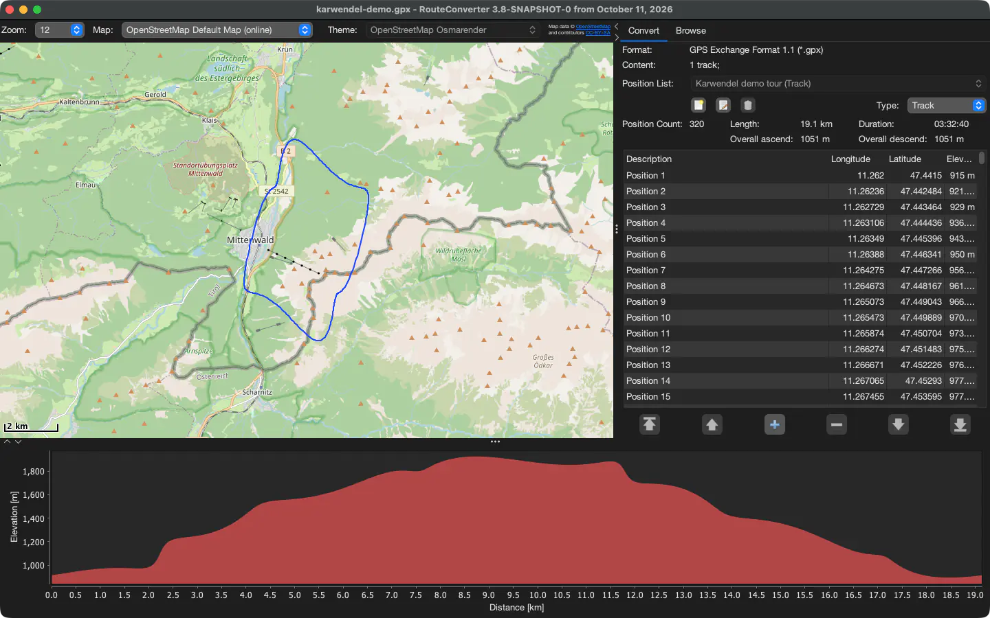 RouteConverter op macOS met een demotocht bij Mittenwald, de positielijst en het hoogteprofiel