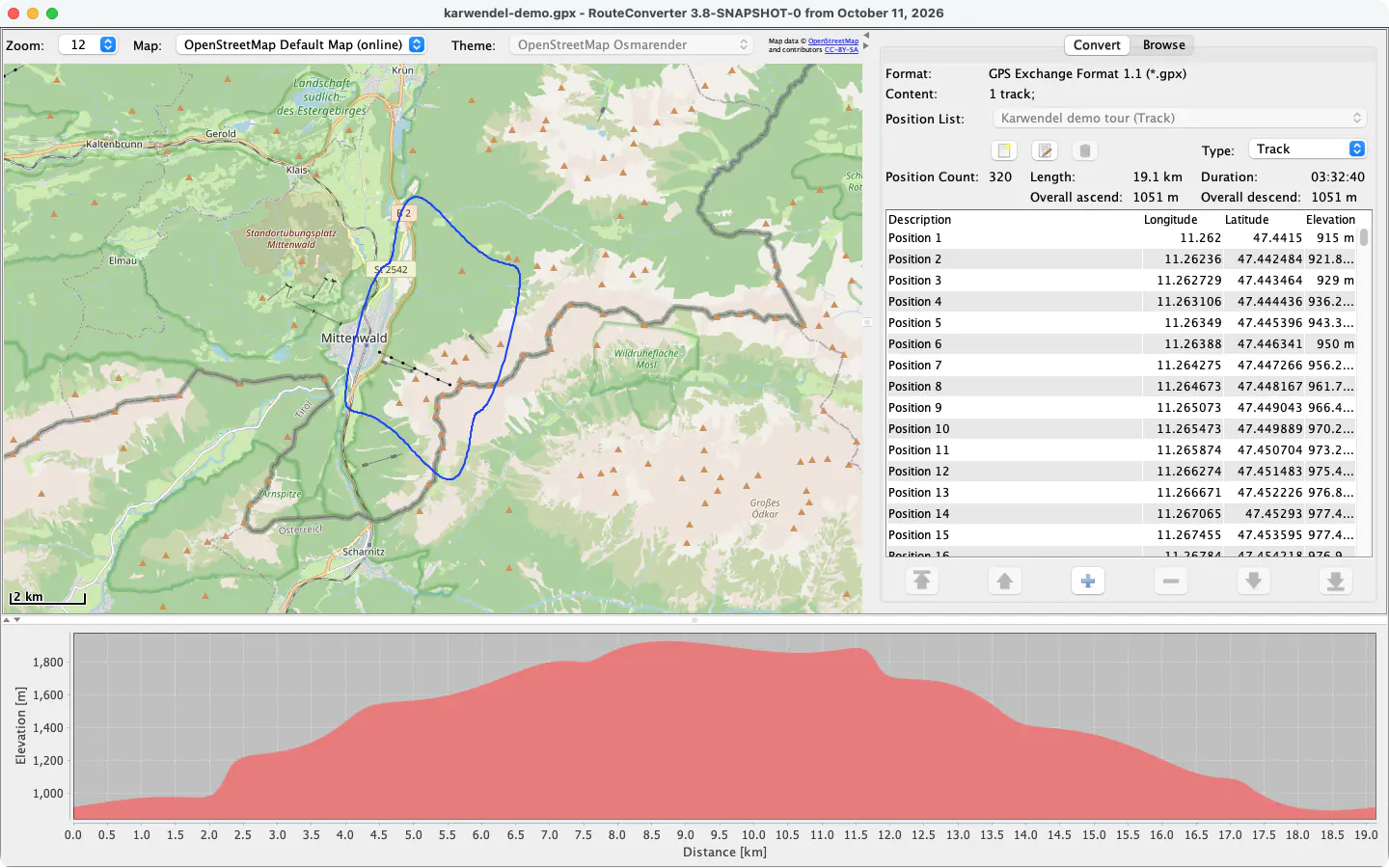 RouteConverter op macOS met een demotocht bij Mittenwald, de positielijst en het hoogteprofiel