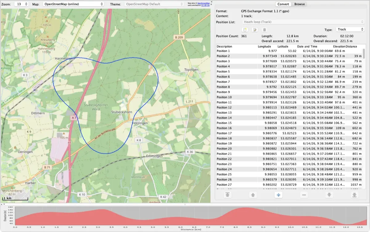 RouteConverter toont een GPX-track van een heiderondje op de kaart, met de positielijst en het hoogteprofiel