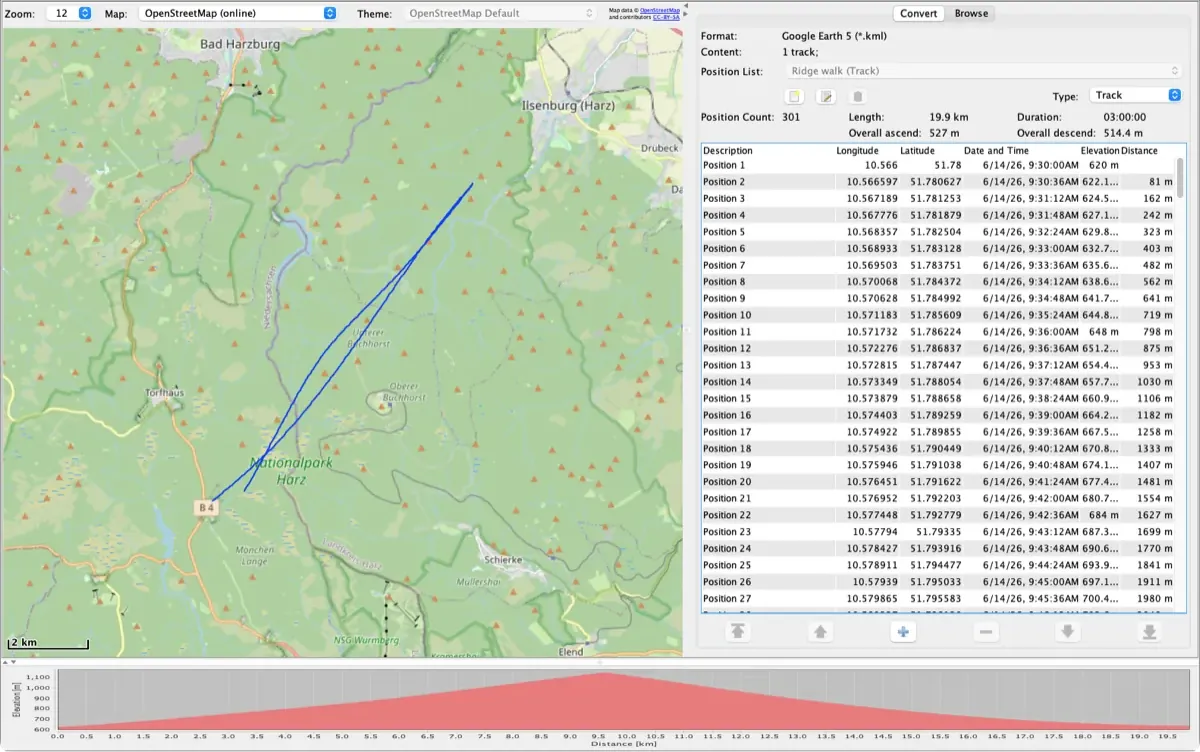 RouteConverter toont een Google Earth KML-track van een bergwandeling over een kam in de Harz op de kaart, met de positielijst en het hoogteprofiel
