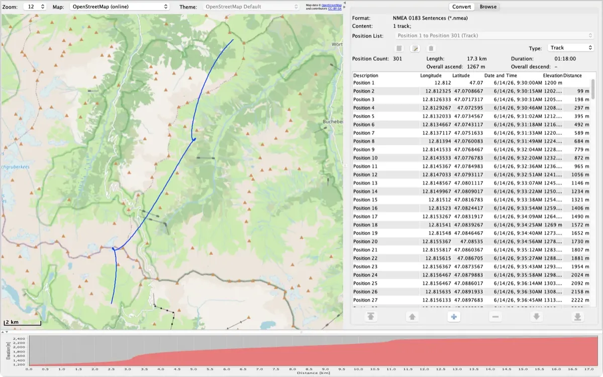 RouteConverter toont een NMEA-track van een weg over een alpenpas op de kaart, met de positielijst en het hoogteprofiel