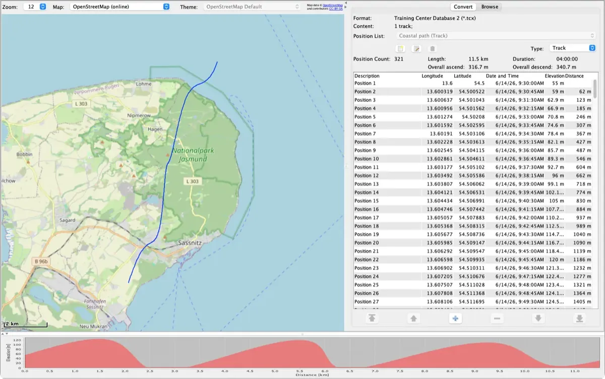 RouteConverter toont een TCX-track langs een kustpad op Rügen op de kaart, met de positielijst en het hoogteprofiel